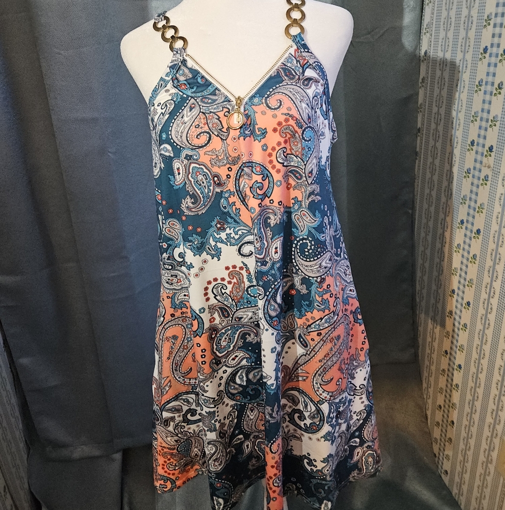 ETCYY Pink and Blue V-Neck Sleeveless Mini Sundress Size.Medium - NWT